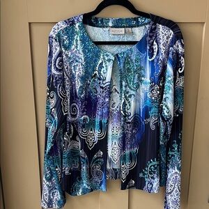 Chico’s Easywear XL Blue Black Abstract Paisley Open Front Cardigan